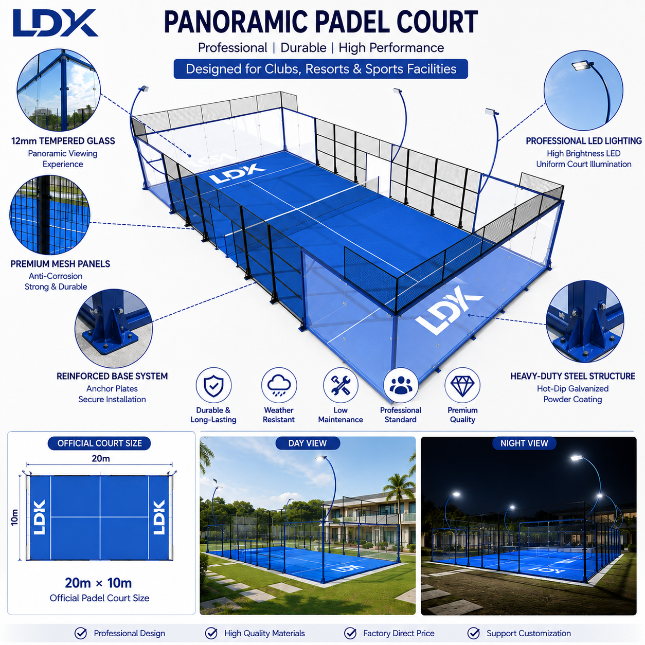 LDK Panoramic Padel Court System with Ultra Clear Tempered Glass and Artificial Turf
