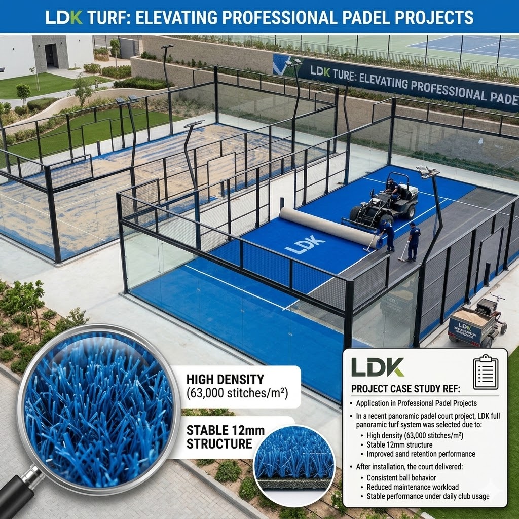 Infographic detailing LDK professional padel court turf installation, featuring a magnified view of the grass yarn structure.