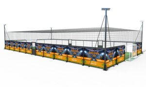 LDK full enclosed soccer cage court with orange side panels, complete steel mesh top and outdoor light poles