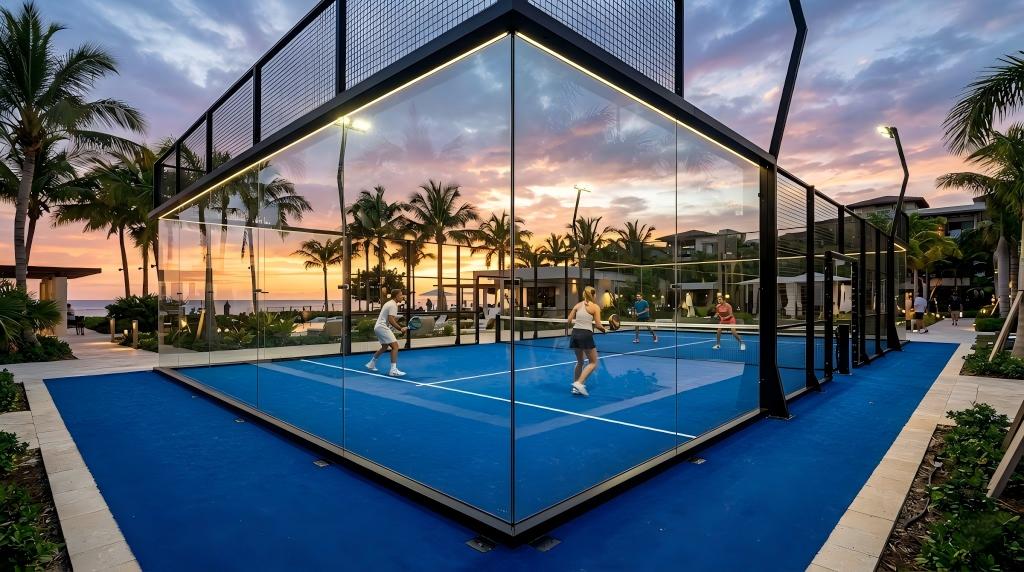 Panoramic glass padel court installed in a luxury resort environment