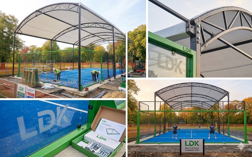 Photos of an LDK outdoor covered padel court in France, featuring construction details and the finished panoramic court.