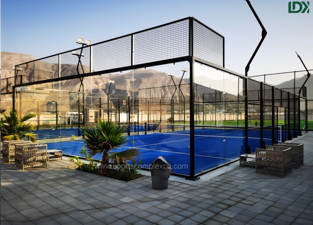 LDK outdoor panoramic padel court project with blue turf installed in Oman.