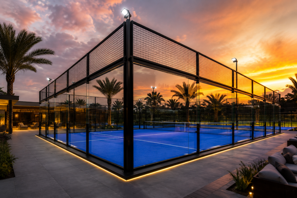 Outdoor panoramic padel court with blue turf under sunset lighting