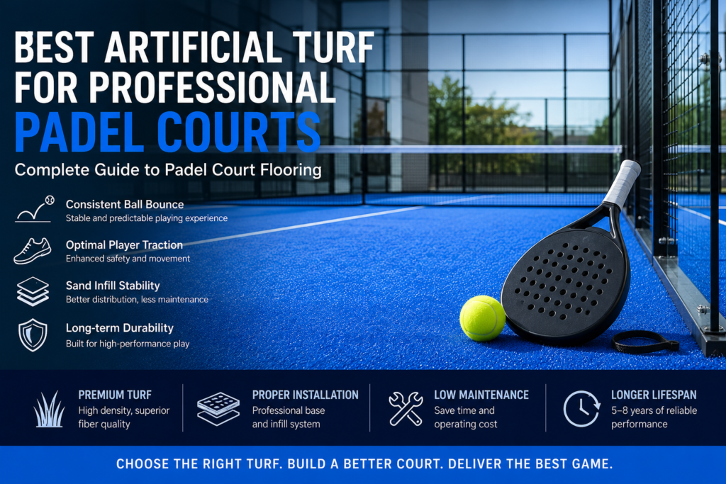 Detailed product specifications, parameters, and a 3D rendering of artificial turf for padel courts.