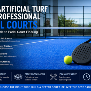 Detailed product specifications, parameters, and a 3D rendering of artificial turf for padel courts.