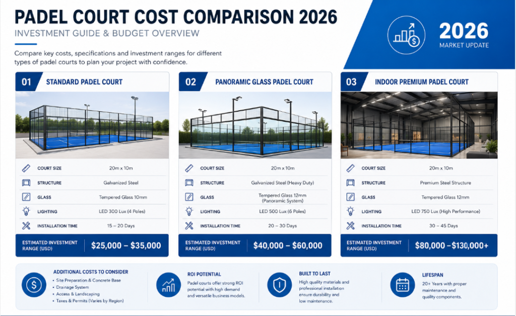 Padel court cost comparison chart showing panoramic, standard and premium court prices in 2026