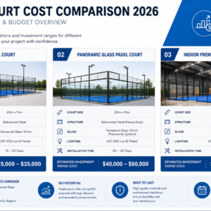 Padel court cost comparison chart showing panoramic, standard and premium court prices in 2026