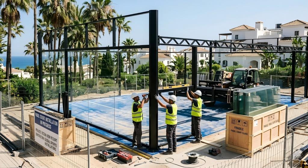 Professional team installing a panoramic padel court at a sports facility