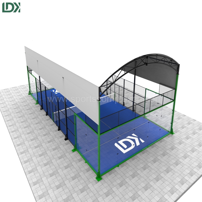 Padel court with canopy design providing weather protection for outdoor sports use