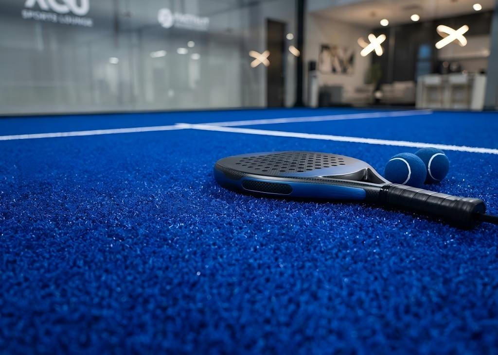 Professional padel racket and balls resting on the white boundary line of a blue padel court.