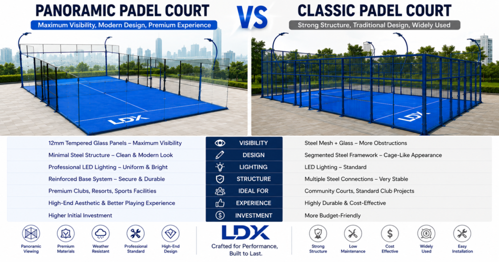 Comparison chart between LDK panoramic padel court and classic padel court features.