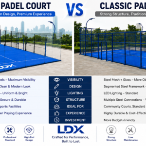 Comparison chart between LDK panoramic padel court and classic padel court features.