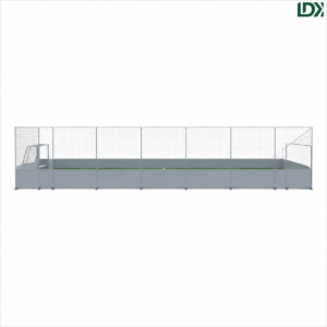 Front view of a portable detachable soccer cage system with custom 43×20m dimensions
