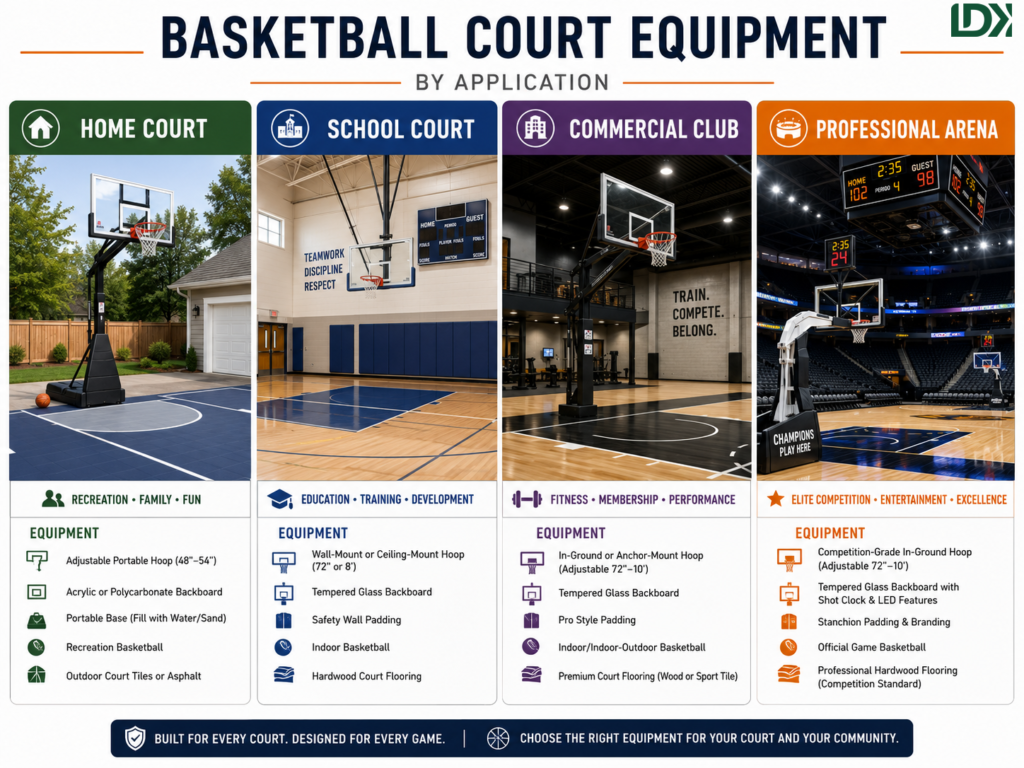 Basketball court equipment recommendations for home school club and professional arena projects