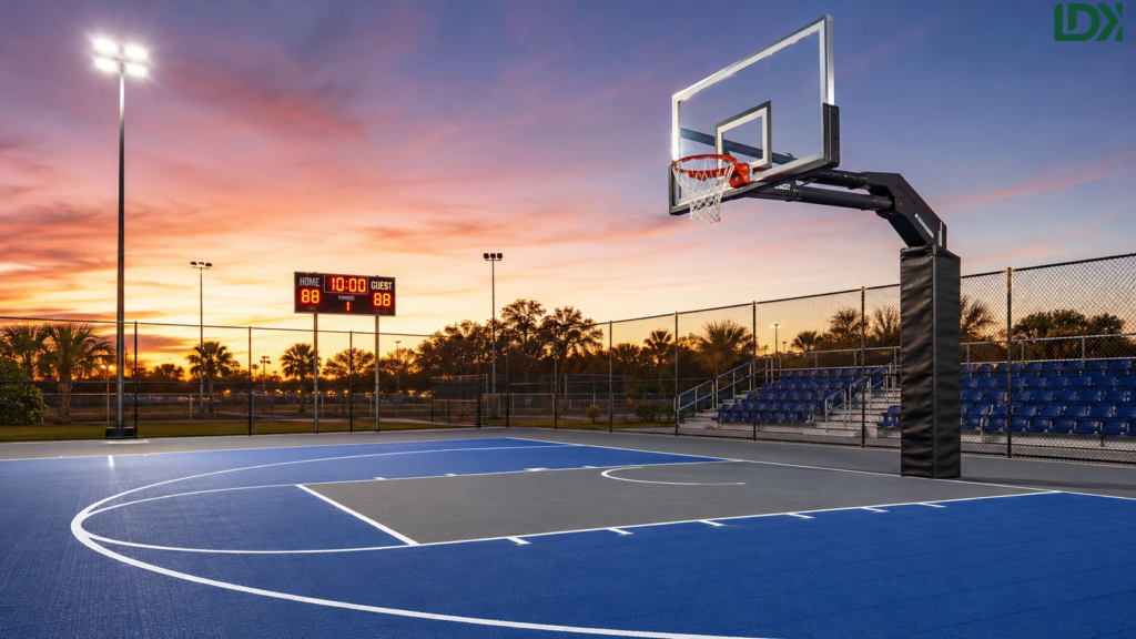 Complete basketball court equipment including hoops, flooring, fencing, lighting and seating