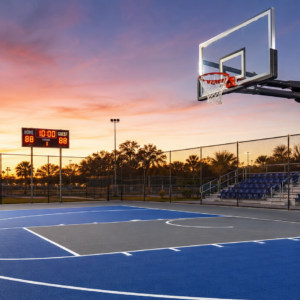 Complete basketball court equipment including hoops, flooring, fencing, lighting and seating