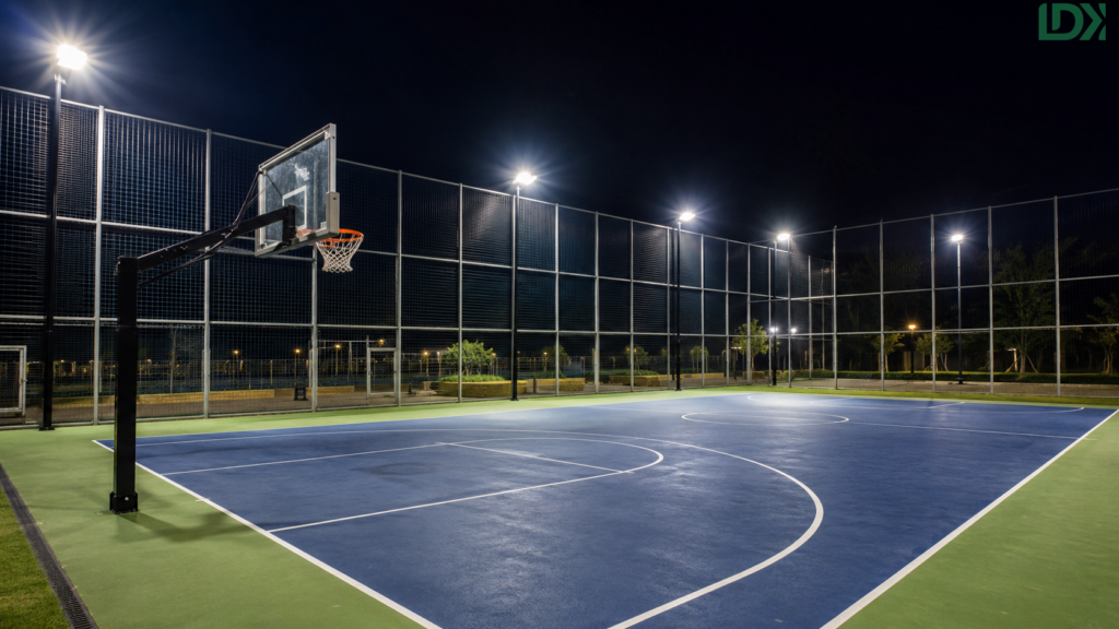 Outdoor basketball court with steel fencing ball-stop netting and LED sports lighting