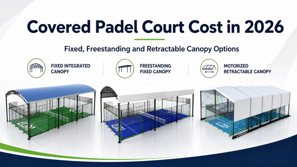 Three covered padel court options: fixed integrated, freestanding fixed and motorized retractable canopies