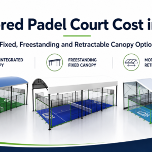 Three covered padel court options: fixed integrated, freestanding fixed and motorized retractable canopies