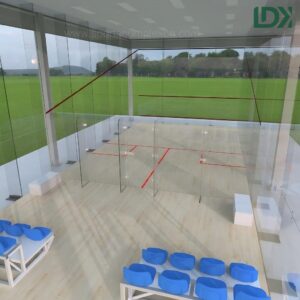 Interior view of glass squash court showing court floor and bleacher seating