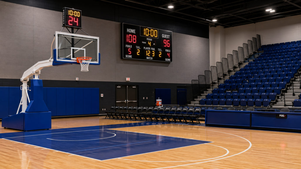 indoor basketball court with scoreboard bleachers team benches and protective padding