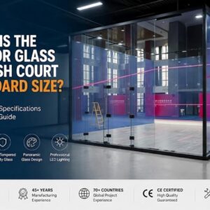 Comprehensive guide on indoor glass squash court standard dimensions (9750 x 7620 mm), featuring 12mm tempered safety glass, panoramic design, and professional LED lighting specifications from a certified manufacturer.