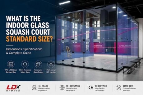 Comprehensive guide on indoor glass squash court standard dimensions (9750 x 7620 mm), featuring 12mm tempered safety glass, panoramic design, and professional LED lighting specifications from a certified manufacturer.