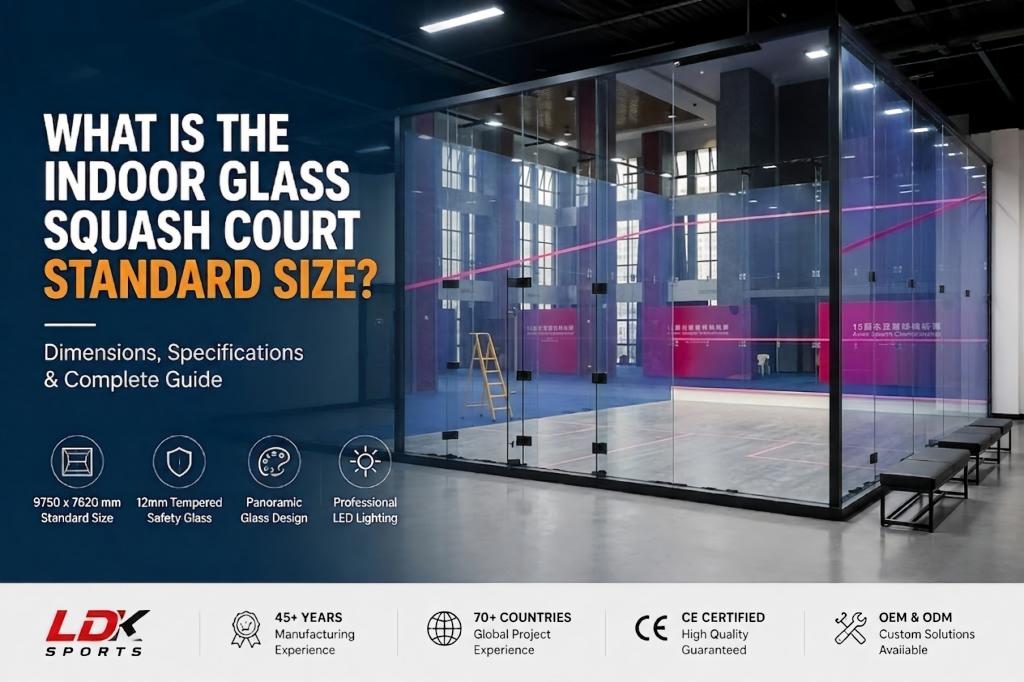 Comprehensive guide on indoor glass squash court standard dimensions (9750 x 7620 mm), featuring 12mm tempered safety glass, panoramic design, and professional LED lighting specifications from a certified manufacturer.