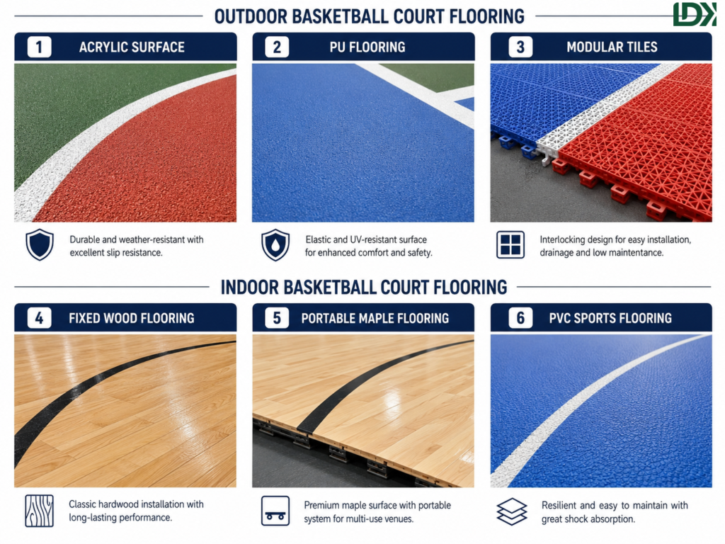 Comparison of outdoor acrylic PU modular tiles and indoor basketball wood flooring