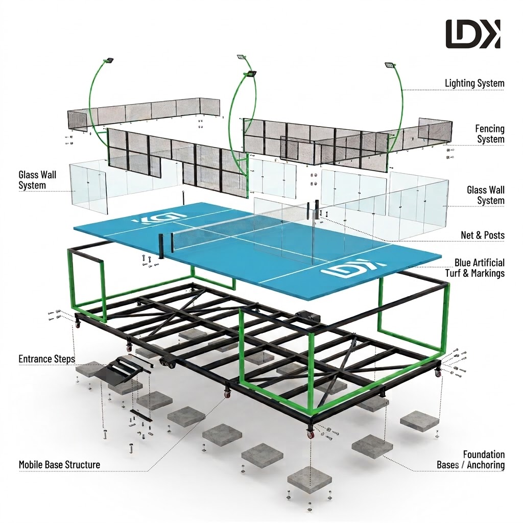 Exploded diagram showing the structural components of a mobile padel court, including the steel base, glass walls, and lighting system.