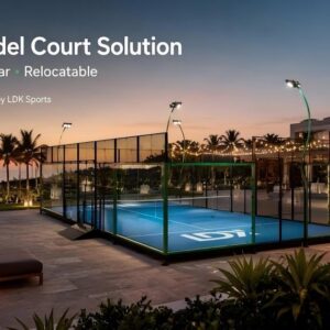 3D rendering of a mobile padel court installed outdoors near a coastline at sunset.