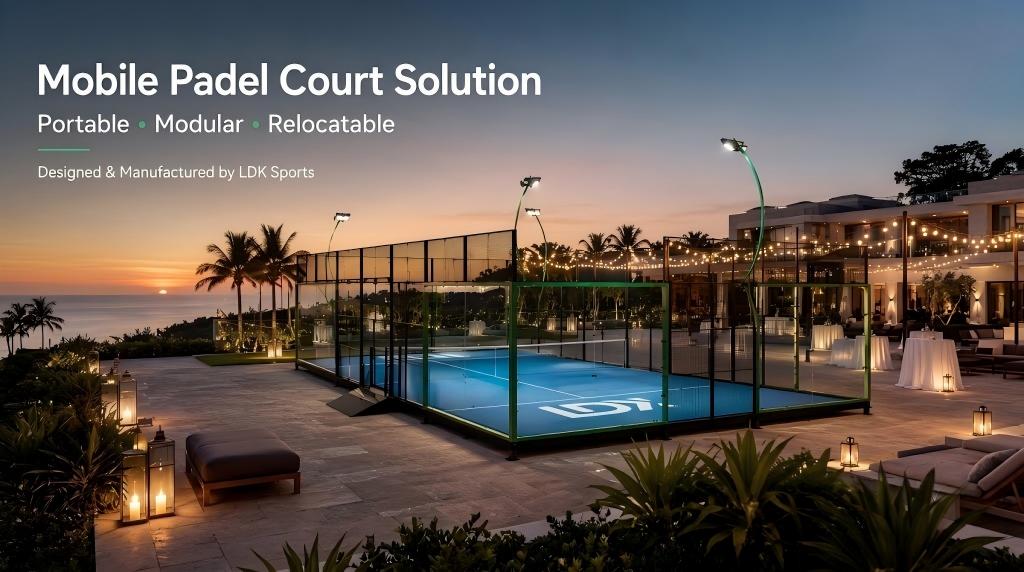 3D rendering of a mobile padel court installed outdoors near a coastline at sunset.