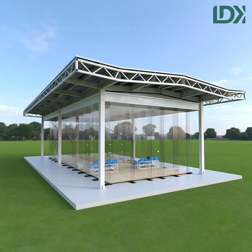 Exterior rendering of outdoor full glass squash court with canopy roof and bleachers