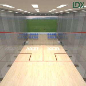 Front view of outdoor full glass squash court with wooden floor and bleacher seating