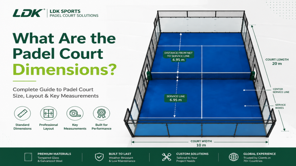 A 3D illustration displaying the official standard padel court dimensions for doubles matches, including a 20m length and 10m width.