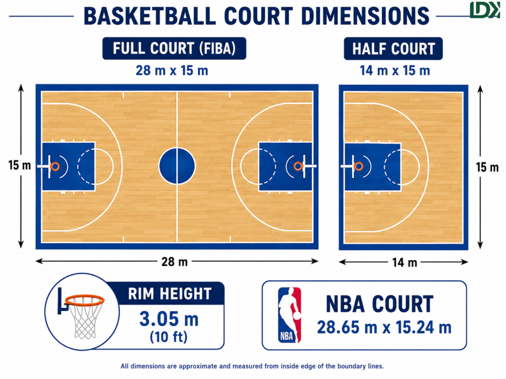 Standard basketball court dimensions showing full court and half court layouts