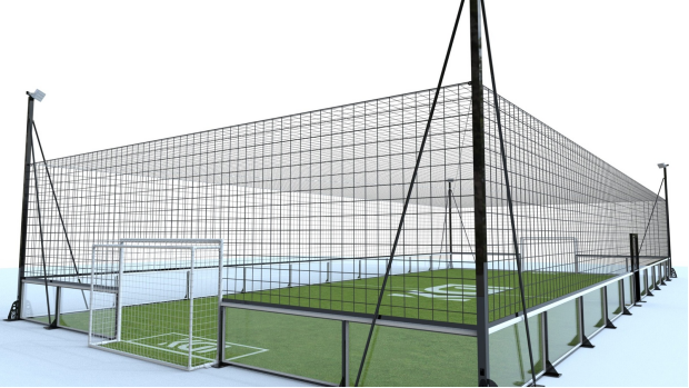 LDK glass soccer cage design for an enclosed commercial football facility.