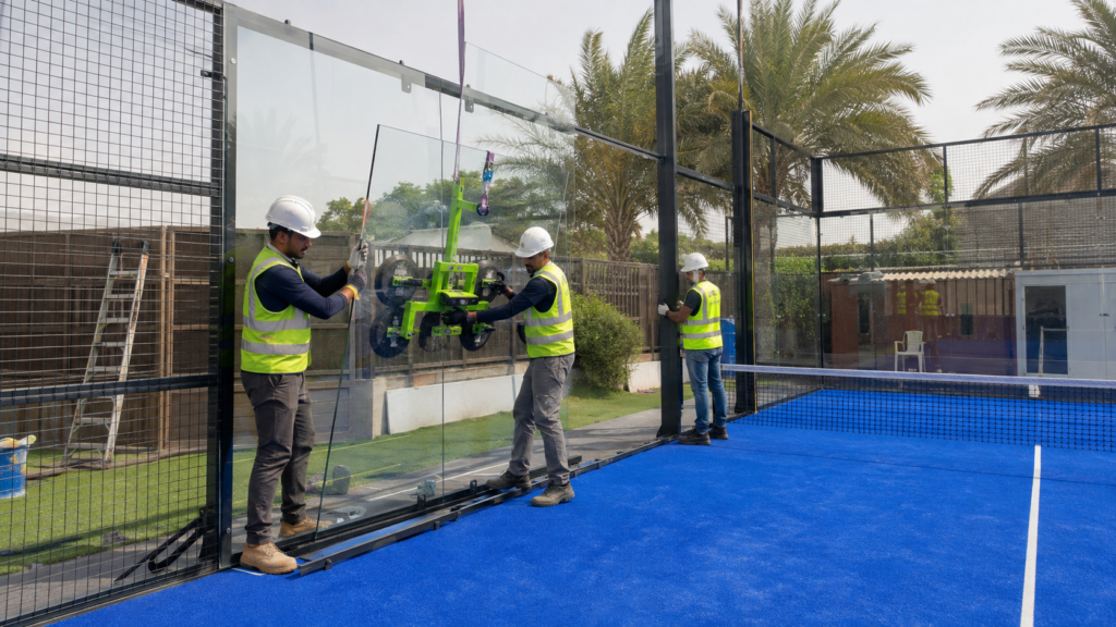 panoramic padel court glass installation Technicians installing tempered glass on a panoramic padel court