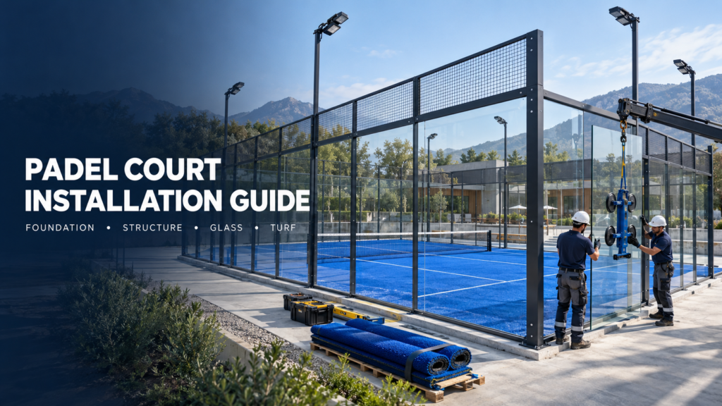 Professional panoramic padel court installation with steel structure and tempered glass