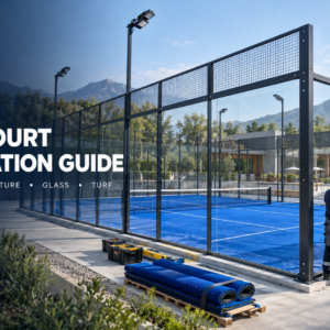 Professional panoramic padel court installation with steel structure and tempered glass