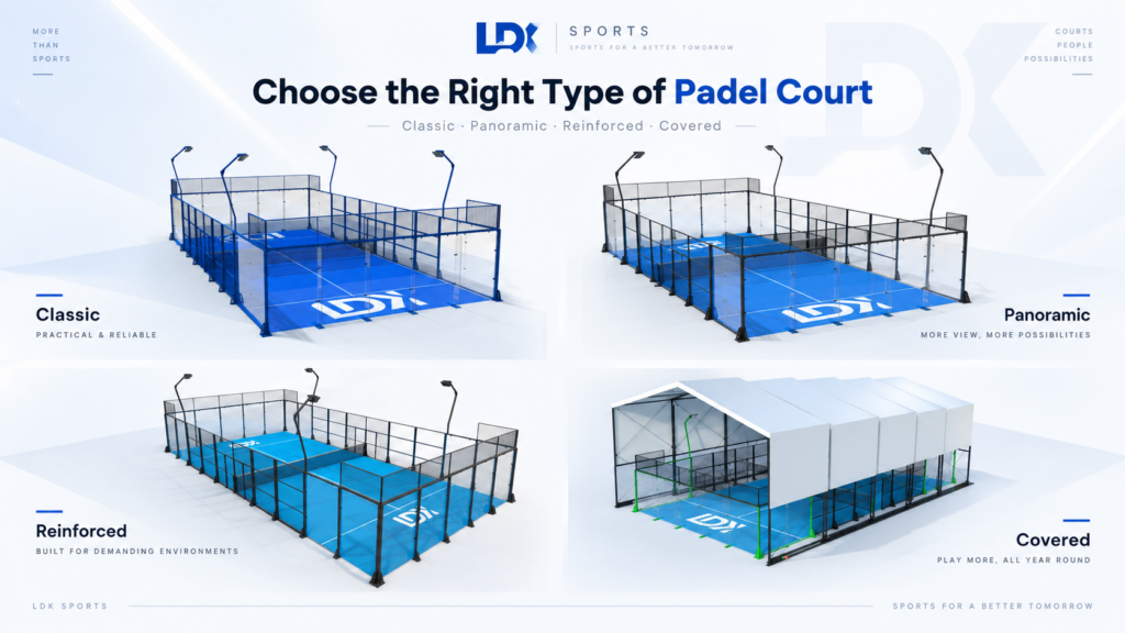 Classic, panoramic, reinforced and covered padel court types for padel court construction projects