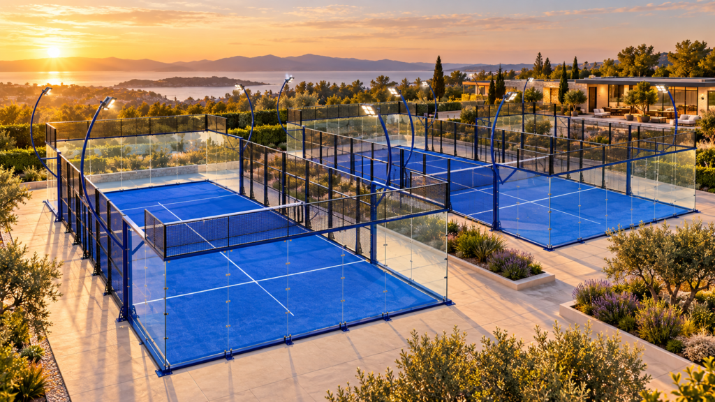 Three blue panoramic padel courts at a landscaped sports club at sunset.