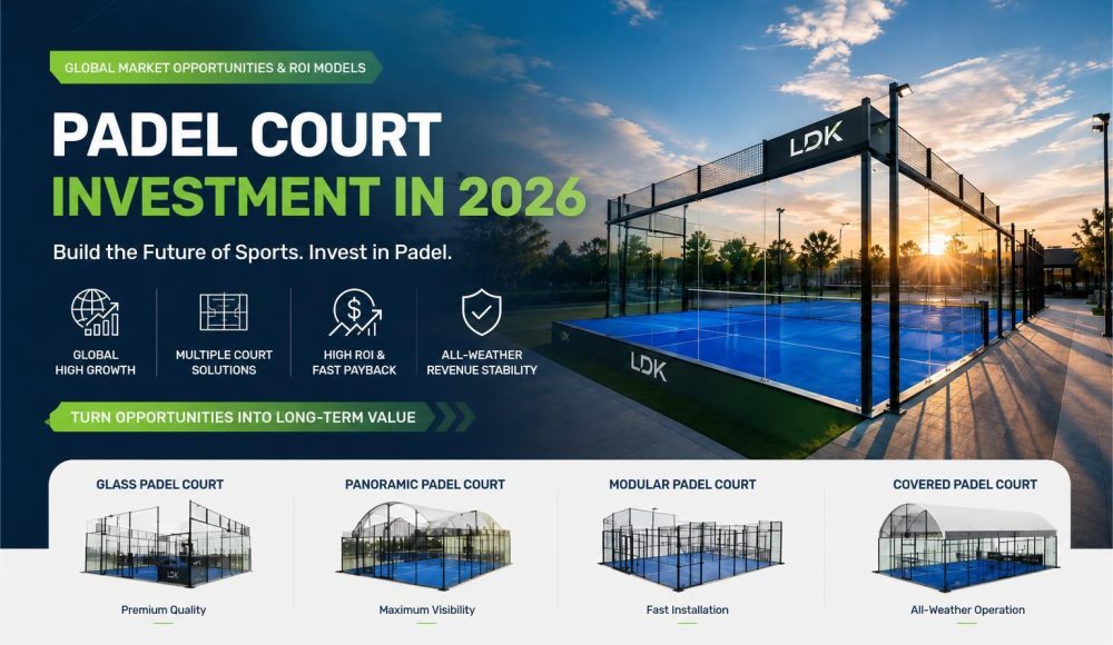 Global padel court investment opportunities in 2026 featuring glass panoramic modular and covered padel courts