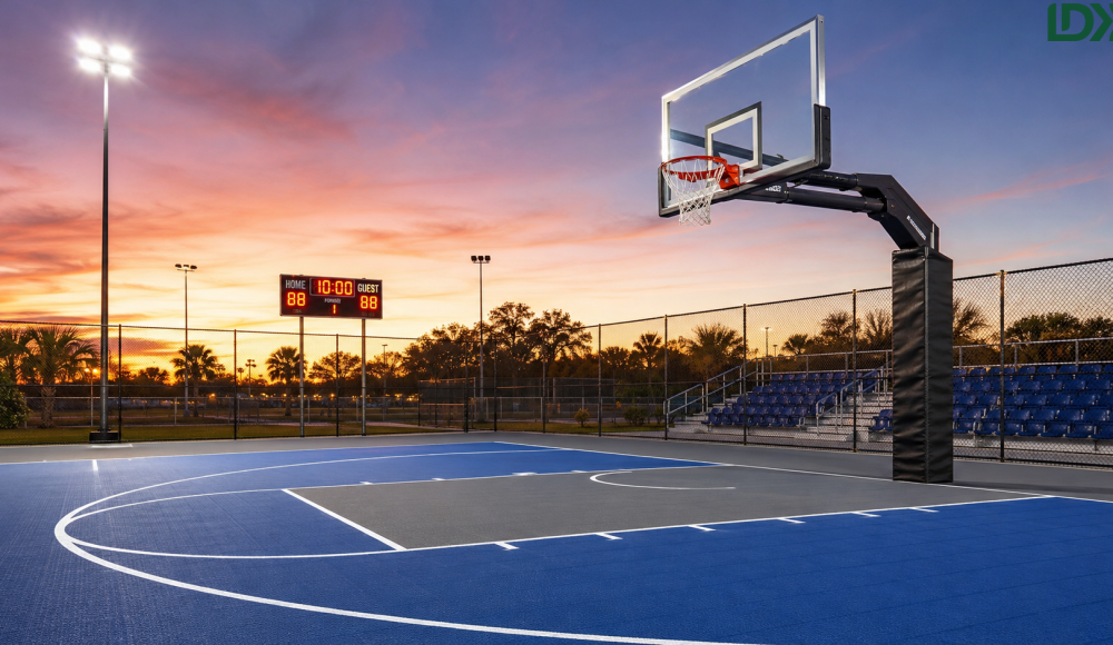 Complete basketball court equipment including hoops, flooring, fencing, lighting and seating