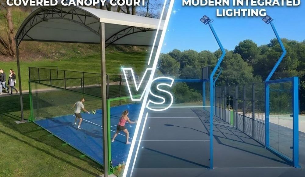 A side-by-side comparison of a covered canopy padel court and an outdoor court with modern integrated lighting.
