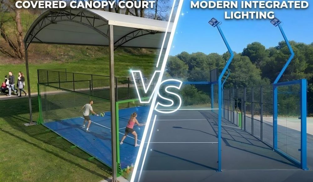 A side-by-side comparison of a covered canopy padel court and an outdoor court with modern integrated lighting.