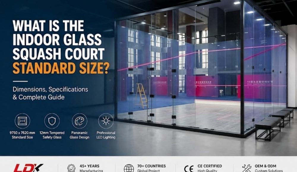 Comprehensive guide on indoor glass squash court standard dimensions (9750 x 7620 mm), featuring 12mm tempered safety glass, panoramic design, and professional LED lighting specifications from a certified manufacturer.