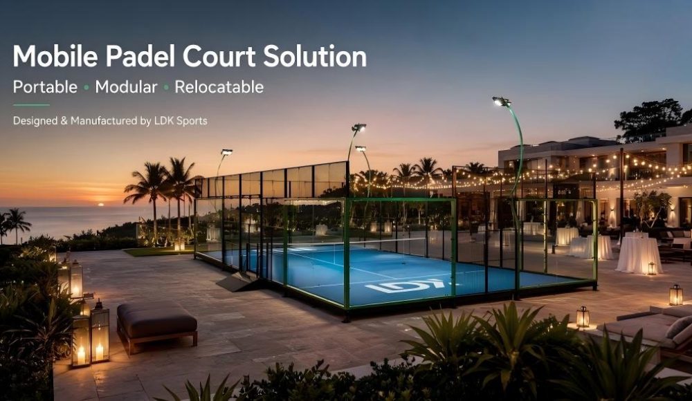 3D rendering of a mobile padel court installed outdoors near a coastline at sunset.