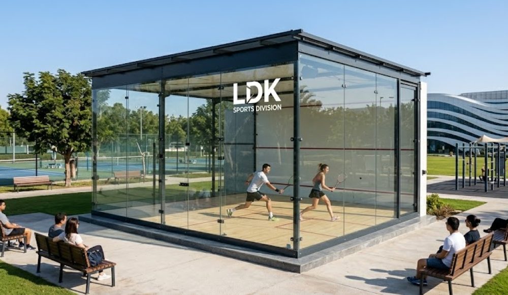 Outdoor glass squash court commercial project featuring professional-grade structure designed for clubs, sports centers, and commercial facilities with high durability and visibility.