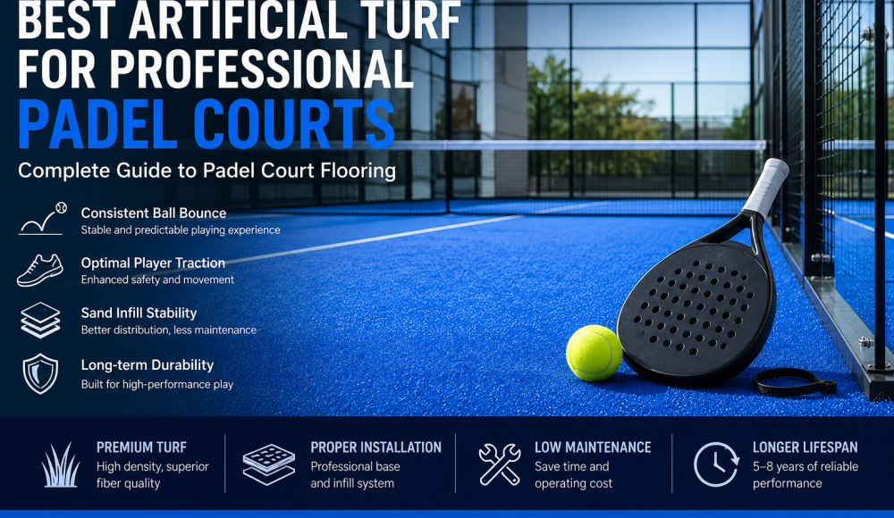 Detailed product specifications, parameters, and a 3D rendering of artificial turf for padel courts.